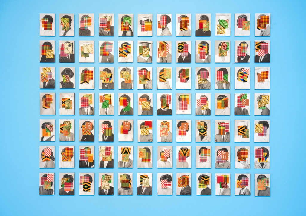 In rows, a variety of black-and-white portrait photographs where faces are covered by two or three squares of colorful and patterned textiles, all set on a blue background