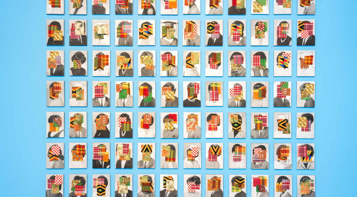 In rows, a variety of black-and-white portrait photographs where faces are covered by two or three squares of colorful and patterned textiles, all set on a blue background