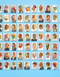 In rows, a variety of black-and-white portrait photographs where faces are covered by two or three squares of colorful and patterned textiles, all set on a blue background
