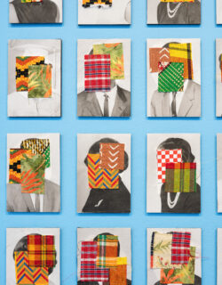 Close-up of previous work, showing a variety of black-and-white photographs including people in a graduation cap and gown, pearls, and ties with colorful and patterned textiles covering faces.