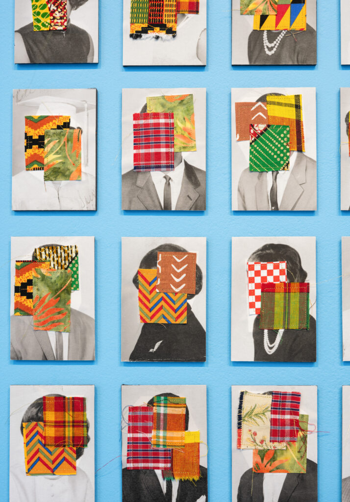 Close-up of previous work, showing a variety of black-and-white photographs including people in a graduation cap and gown, pearls, and ties with colorful and patterned textiles covering faces.