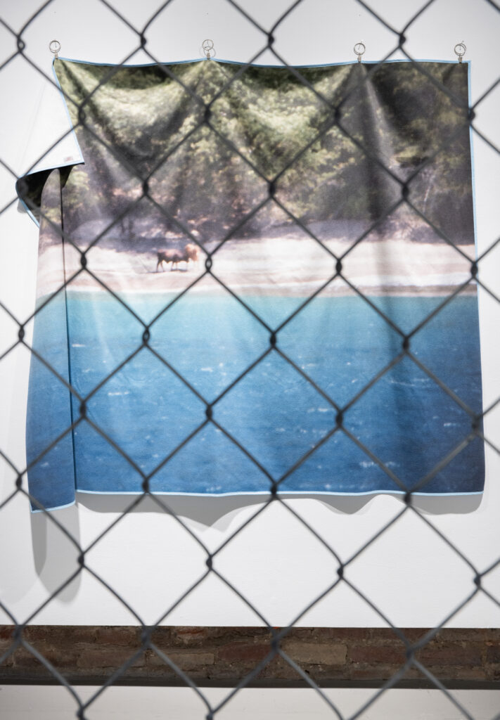 Close-up of beach landscape printed on towel through the holes in a chain link fence.