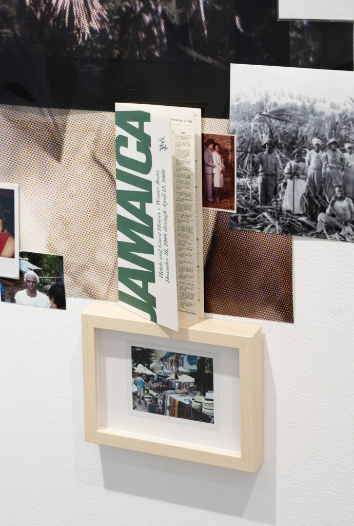 Collage including a brochure for Jamaican hotels and guest houses, a posed photo of a couple, a black and white photo of people who've been working in a field, and a framed photo of people shopping in a market.