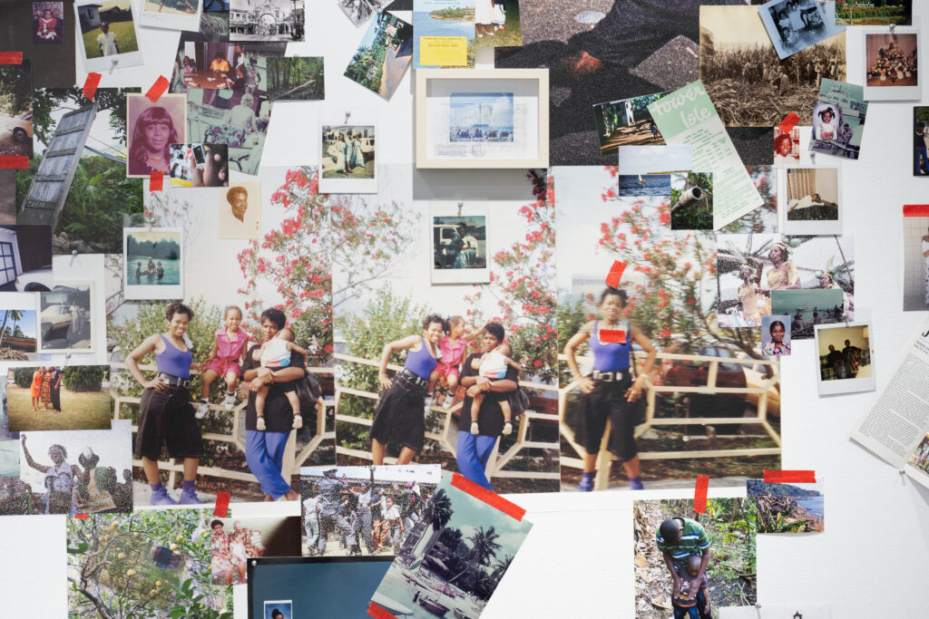 Close-up of The Weight of Paradise featuring a variety of photographs, including polaroids, portait photos, photos out in nature, and 3 centered photos of a woman in the same outfit with a bright purple top, two with children and another woman and one by herself, along with brochures