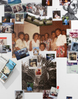 Collage of variety of photos, including a group of women, a couple posing with a boat and sky background, a black-and-white drawing of a woman, and a black and white photo of men approaching a tree with colorful photographs