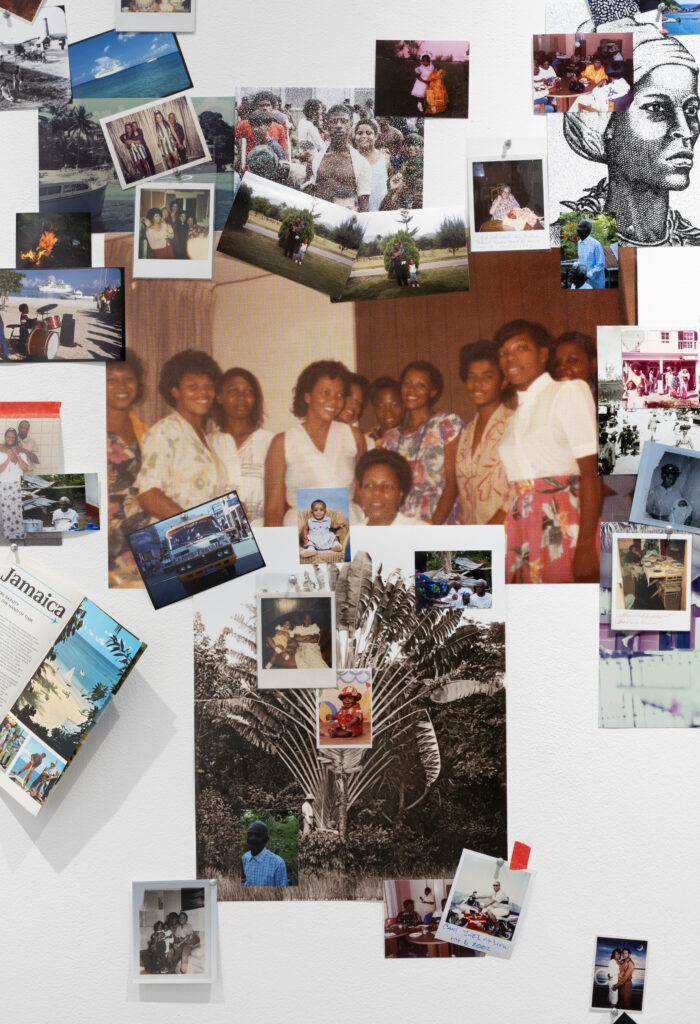 Collage of variety of photos, including a group of women, a couple posing with a boat and sky background, a black-and-white drawing of a woman, and a black and white photo of men approaching a tree with colorful photographs
