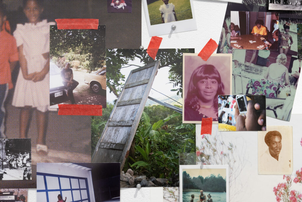 A variety of photographs collaged together, some held up with push pins and others with red tape. Photos include color photos, black-and-white, and those with a sepia tone, including plants, a man sitting against a car, children in dresses, people in water, and people playing a game around a table