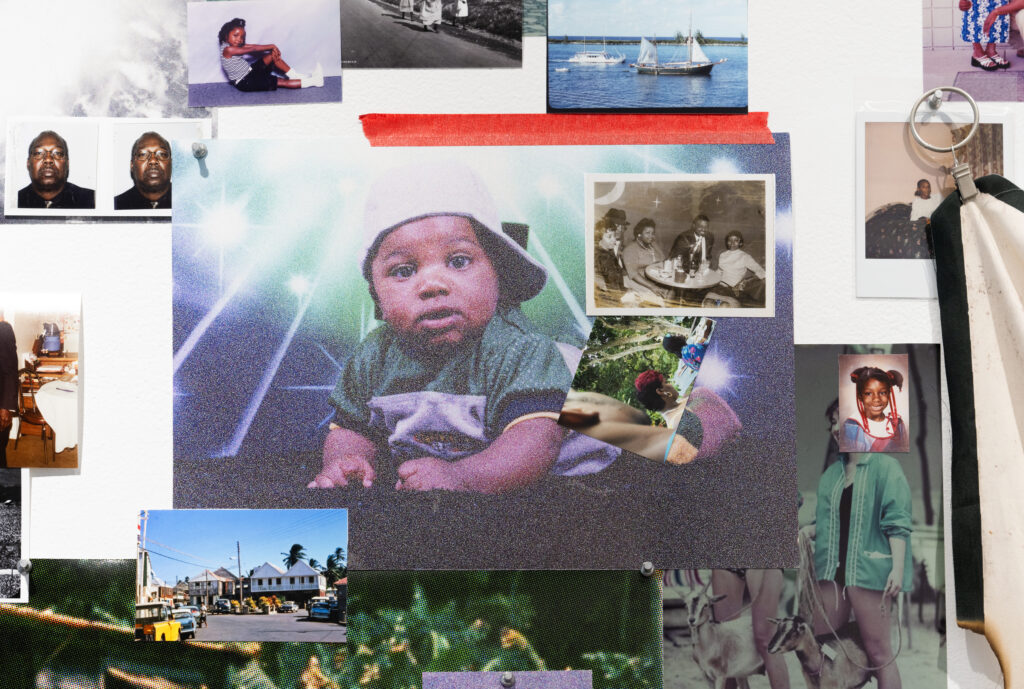 Centered in a collage is a photo of a baby with a hat on and colorful lights in the background. Other images include a row of homes and cars, a portrait of a young girl, two close-up portaits of a man, and a boat on the water, among others.