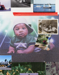 Centered in a collage is a photo of a baby with a hat on and colorful lights in the background. Other images include a row of homes and cars, a portrait of a young girl, two close-up portaits of a man, and a boat on the water, among others.